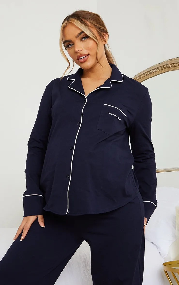 Maternity Navy Mama Long Sleeve Button Up PJ Top sold by Pretty Little Thing