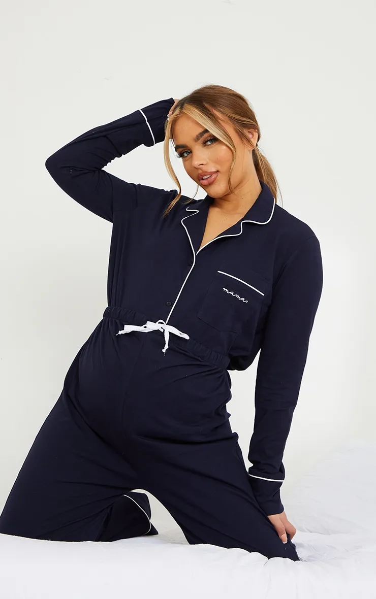 Maternity Navy Mama Long Sleeve Button Up PJ Top sold by Pretty Little Thing product image thumbnail 3