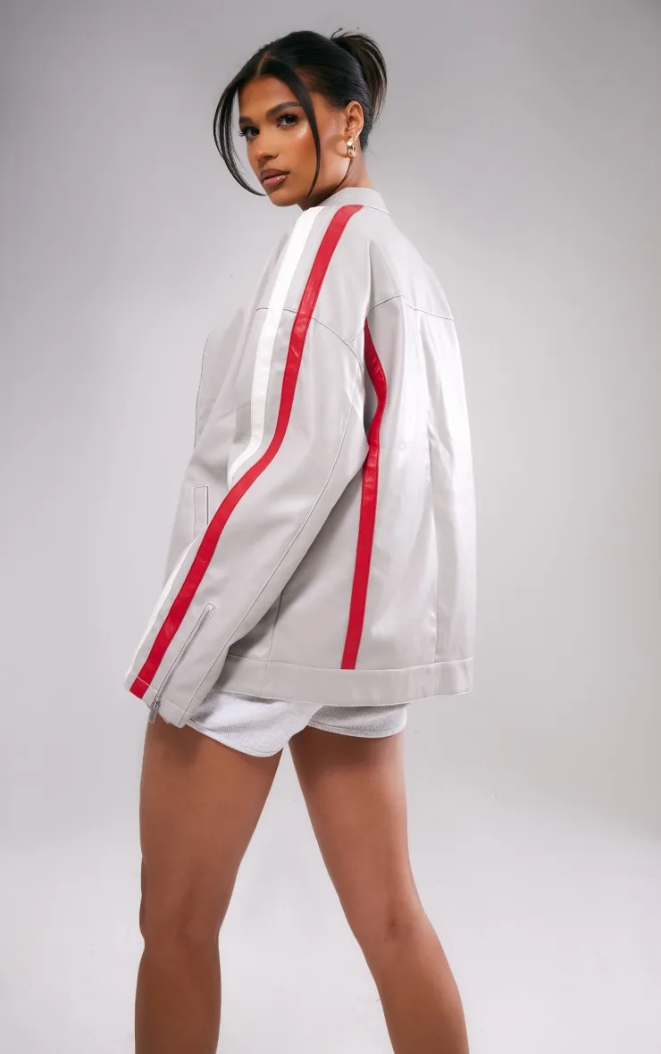 Grey Faux Leather Stripe Side Oversized Biker Jacket sold by Pretty Little Thing