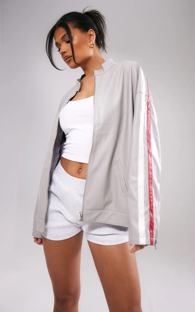 Grey Faux Leather Stripe Side Oversized Biker Jacket sold by Pretty Little Thing product image thumbnail 3