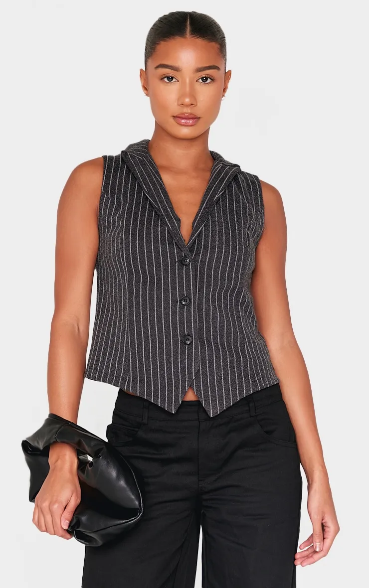 Charcoal Pinstripe Wool Look Collar Waistcoat sold by Pretty Little Thing
