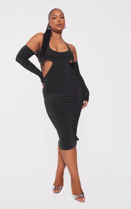 Plus Black Slinky Ruched Cut Out Midi Dress sold by Pretty Little Thing