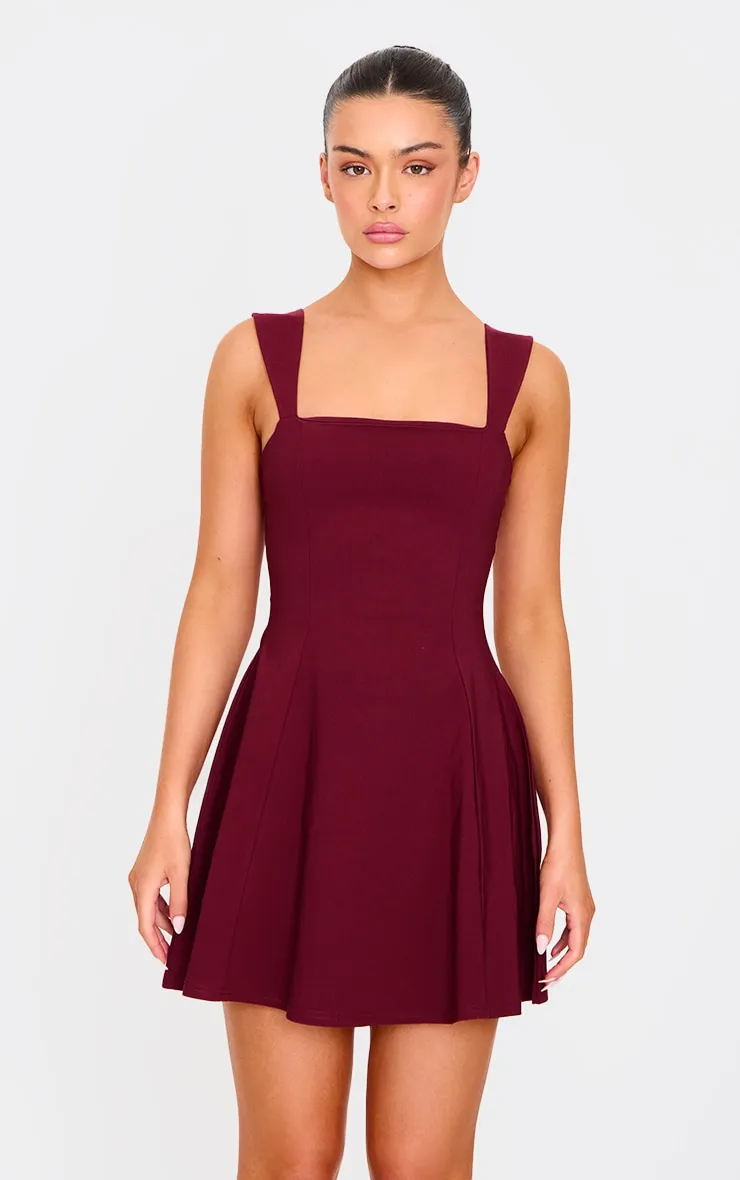 Burgundy Stretch Woven Shift Dress sold by Pretty Little Thing