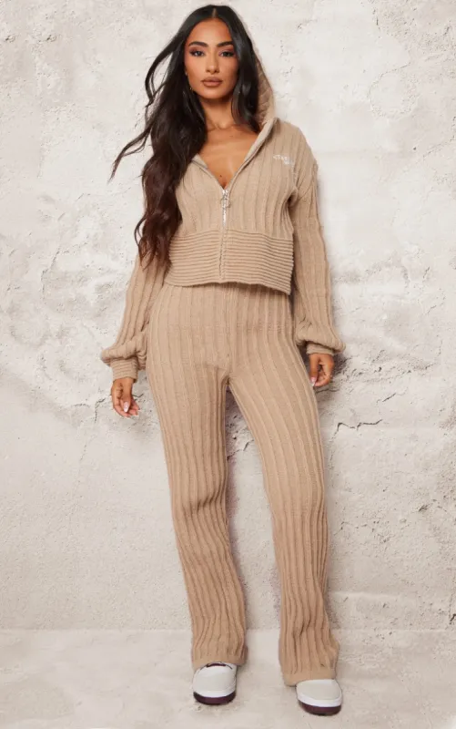 Petite Stone Athletic Sport Embroidered Knit Flared Trousers sold by Pretty Little Thing