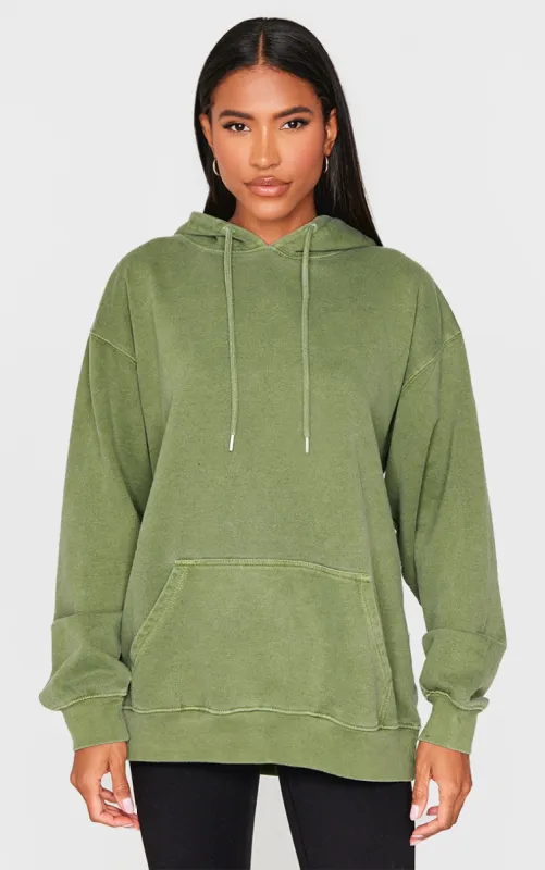Dark Khaki Washed Oversized Hoodie sold by Pretty Little Thing
