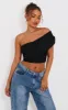 Petite Black Mesh One Shoulder Ruched Crop Top sold by Pretty Little Thing