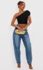 Petite Black Mesh One Shoulder Ruched Crop Top sold by Pretty Little Thing