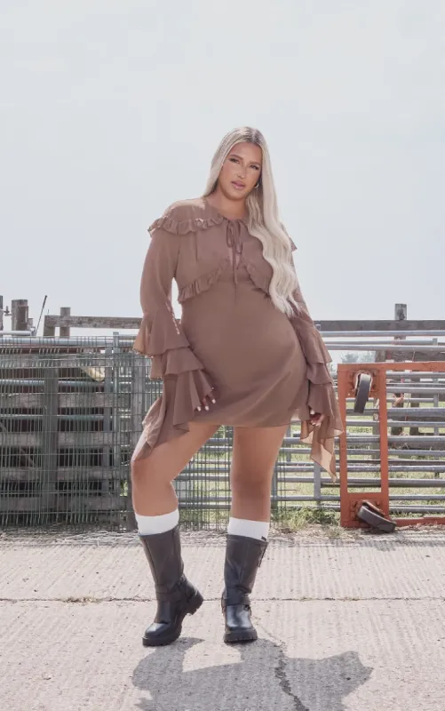 Plus Dark Brown Chiffon Ruffle Detail Long Sleeve A-line Shift Dress sold by Pretty Little Thing