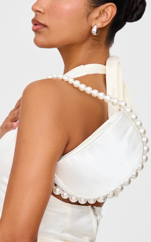 White Satin Pearl Detail Mini Crescent Handbag sold by Pretty Little Thing