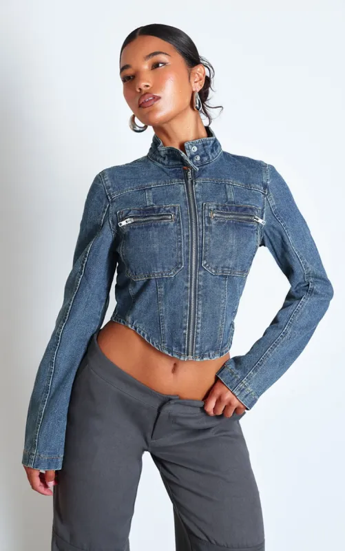 Indigo Vintage Wash Biker Detail Curved Hem Denim Jacket sold by Pretty Little Thing