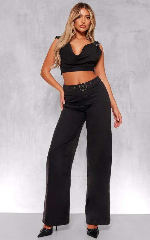 Black Woven Tailored Ring Belt Detail Wide Leg Trousers sold by Pretty Little Thing