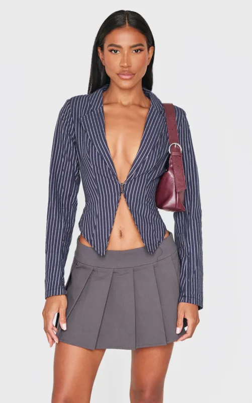 Navy Striped Plunge Hook & Eye Shirt sold by Pretty Little Thing