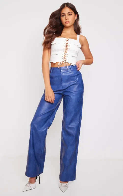 Premium Blue Washed Faux Leather Straight Leg Trousers sold by Pretty Little Thing