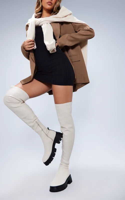 Cream PU Chunky Arched Sole Over The Knee Boots sold by Pretty Little Thing