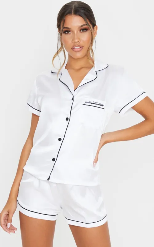 White Satin Contrast Piping Short Pj Set sold by Pretty Little Thing