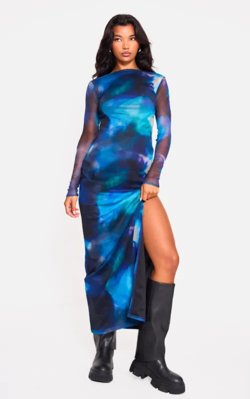 Blue Printed Mesh Long Sleeve Maxi Dress sold by Pretty Little Thing