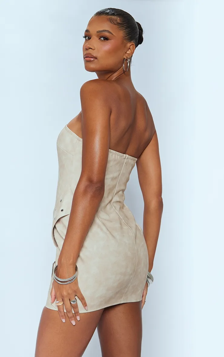 Cream Distressed PU Bandeau Belt Detail Bodycon Dress sold by Pretty Little Thing product image thumbnail 2