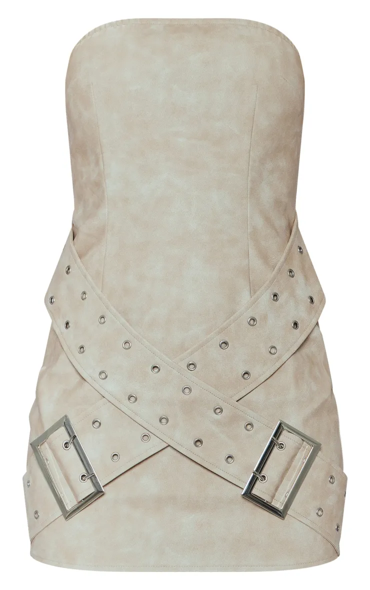 Cream Distressed PU Bandeau Belt Detail Bodycon Dress sold by Pretty Little Thing product image thumbnail 5
