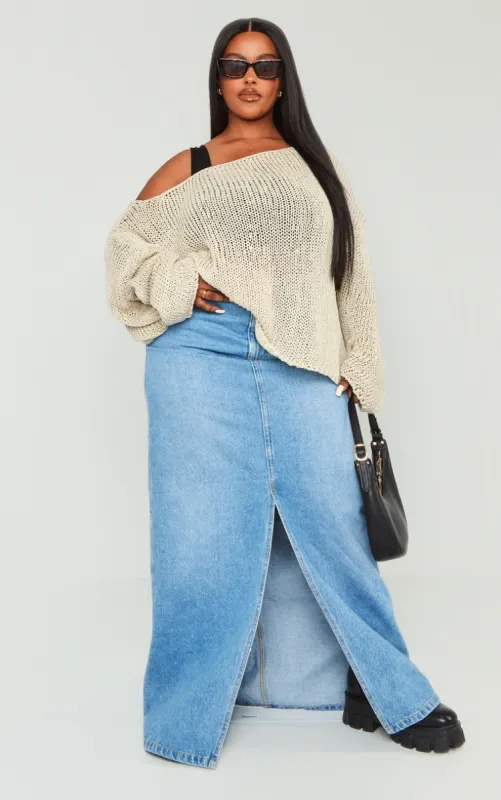 Plus Mid Blue Wash Split Front Denim Maxi Skirt sold by Pretty Little Thing