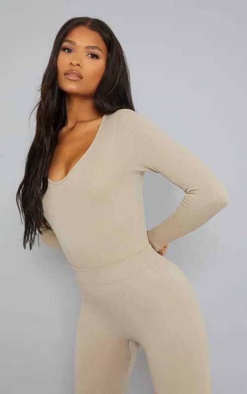 Stone Contour Rib Scoop Neck Bodysuit sold by Pretty Little Thing