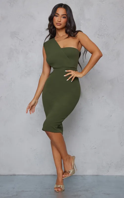Petite Khaki One Shoulder Drape Midi Dress sold by Pretty Little Thing