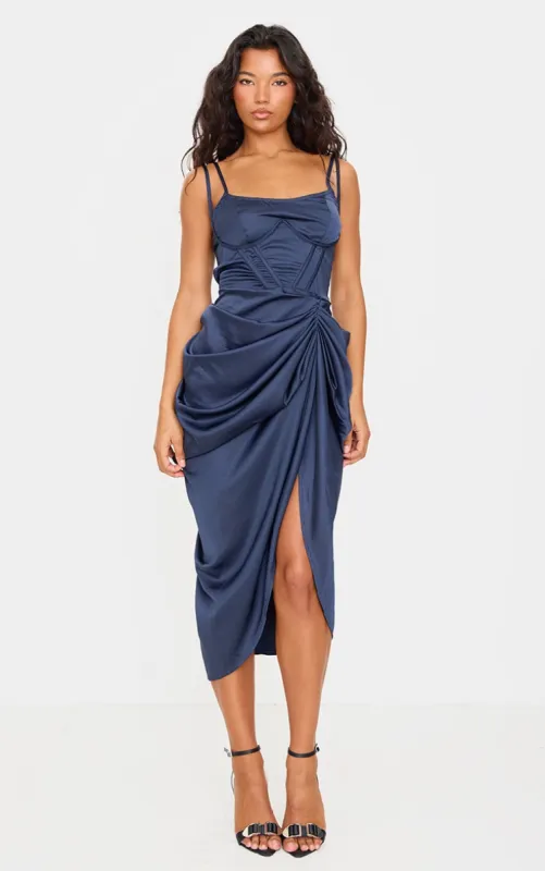 Navy Satin Underwired Draped Skirt Midi Dress sold by Pretty Little Thing