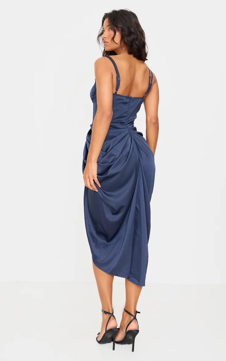 Navy Satin Underwired Draped Skirt Midi Dress sold by Pretty Little Thing product image thumbnail 2
