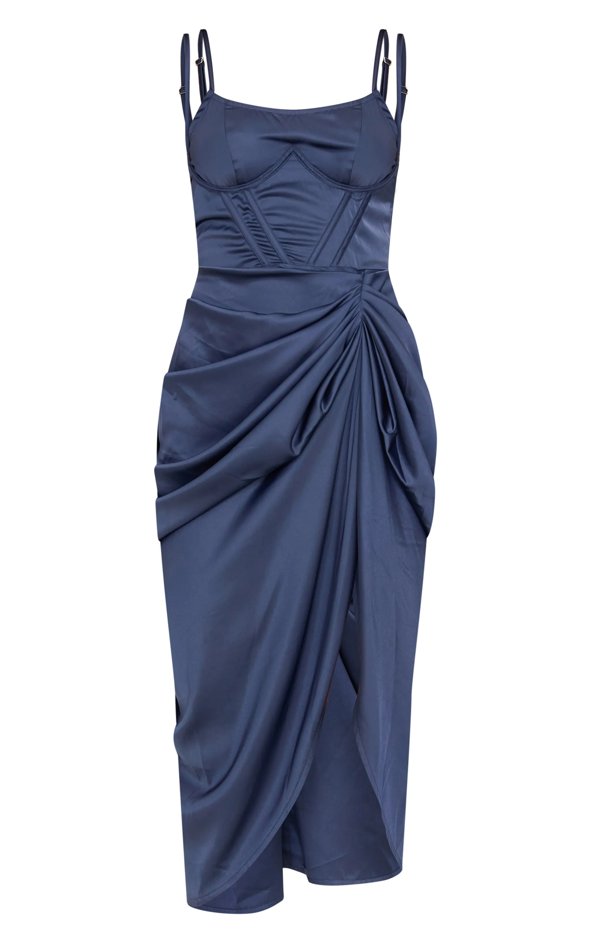 Navy Satin Underwired Draped Skirt Midi Dress sold by Pretty Little Thing product image thumbnail 5