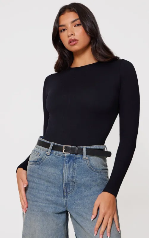 Black Contour Rib Scoop Neck Bodysuit sold by Pretty Little Thing