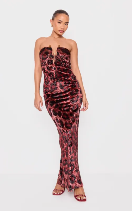 Petite Red Leopard Print Velvet Trim Detail Maxi Dress sold by Pretty Little Thing