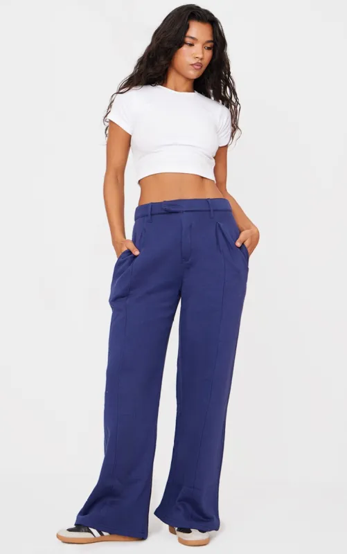 Navy Pintuck Fleeceback Tailored Joggers sold by Pretty Little Thing