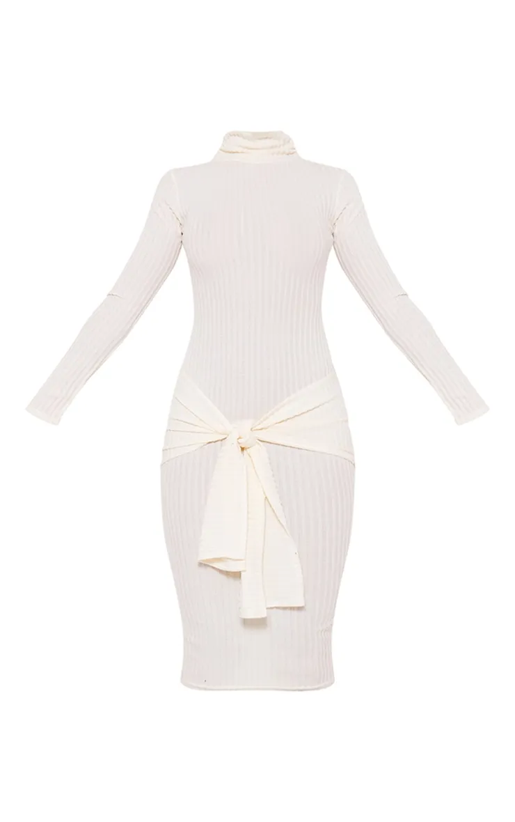Cream Long Sleeve High Neck Knot Front Midaxi Dress sold by Pretty Little Thing product image thumbnail 5