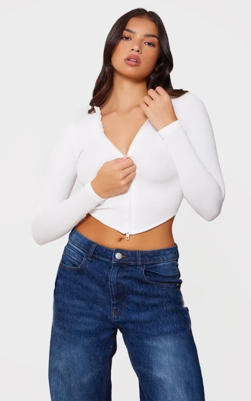 White Contour Rib Double Zip Top sold by Pretty Little Thing