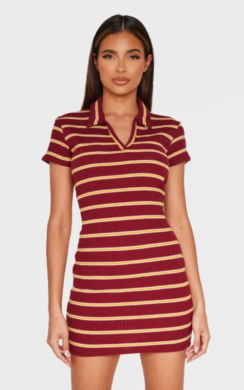 Burgundy Collar Striped Bodycon Dress made by Pretty Little Thing