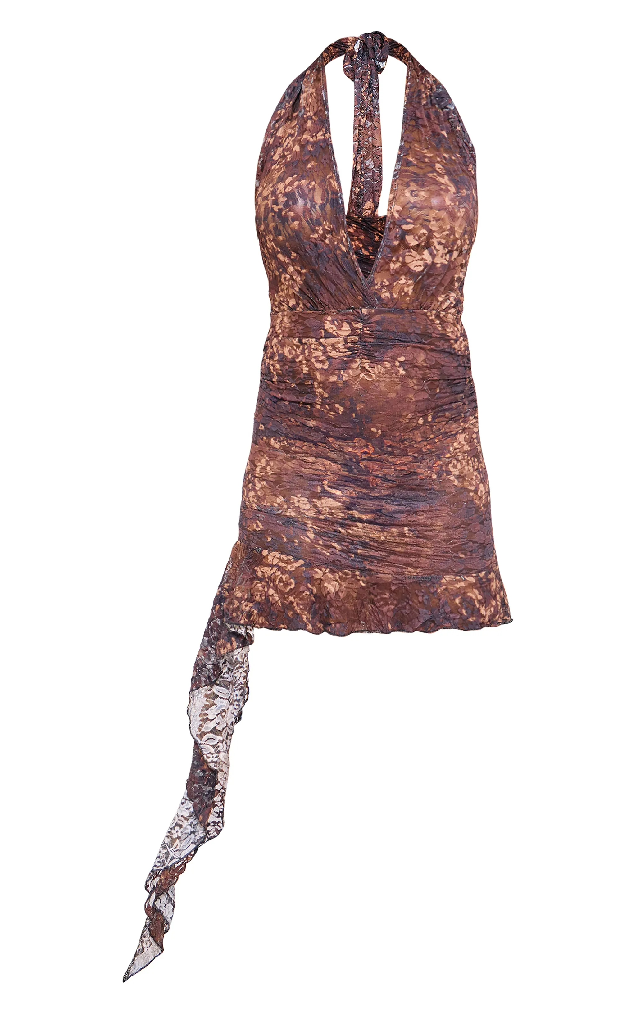Brown Leopard Print Mesh Halterneck Ruched Mini Dress sold by Pretty Little Thing product image thumbnail 5