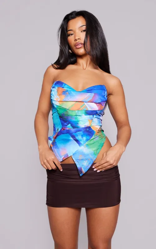 Blue Textured Print Woven Asymmetric Pointed Hem Corset sold by Pretty Little Thing