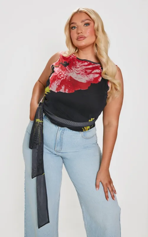  Plus Black Printed Mesh Tie Detail Boat Neck Top sold by Pretty Little Thing