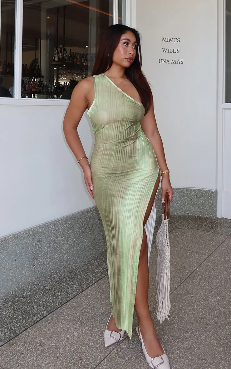 Green Watercolour Plisse One Shoulder Scoop Back Maxi Dress sold by Pretty Little Thing
