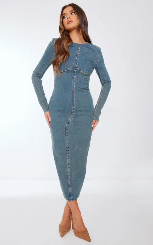 Vintage Mid Wash Eyelet Detail Denim Maxi Dress sold by Pretty Little Thing