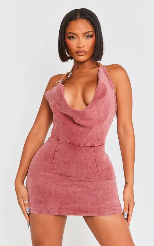 Shape Washed Red Denim Buckle Halterneck Mini Dress sold by Pretty Little Thing