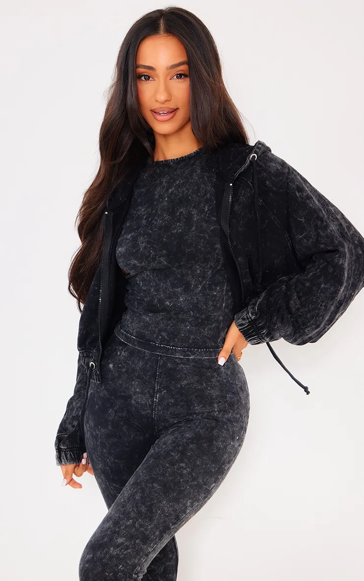 Petite Charcoal Acid Wash Zip Up Cropped Hoodie sold by Pretty Little Thing