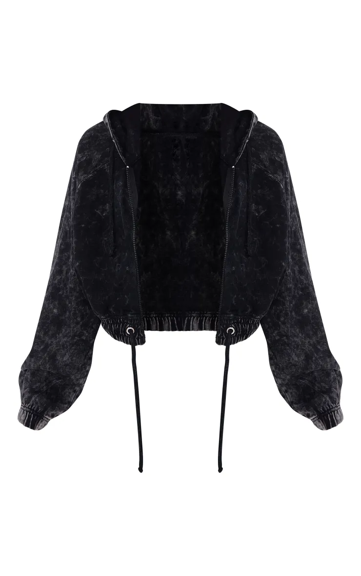 Petite Charcoal Acid Wash Zip Up Cropped Hoodie sold by Pretty Little Thing product image thumbnail 5