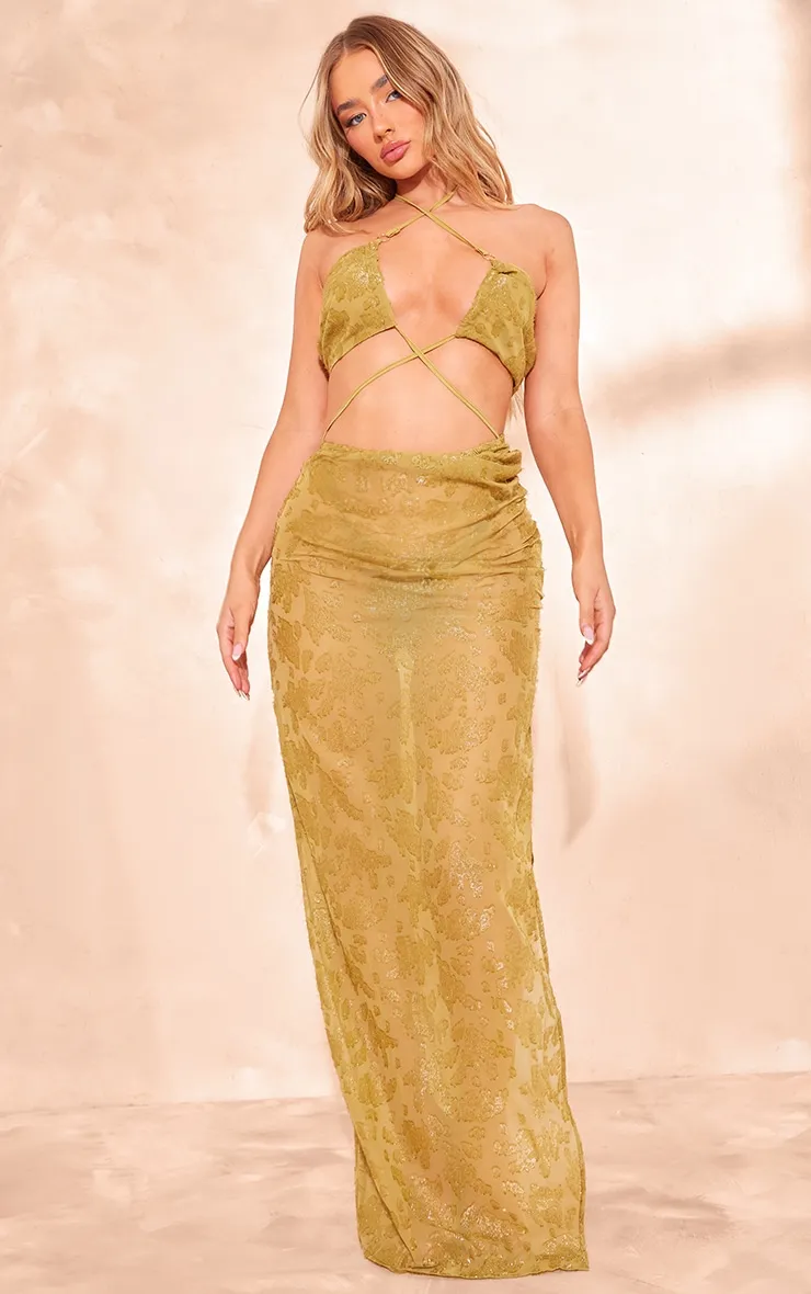 Green Textured Floral Chiffon Cross Front Maxi Dress sold by Pretty Little Thing