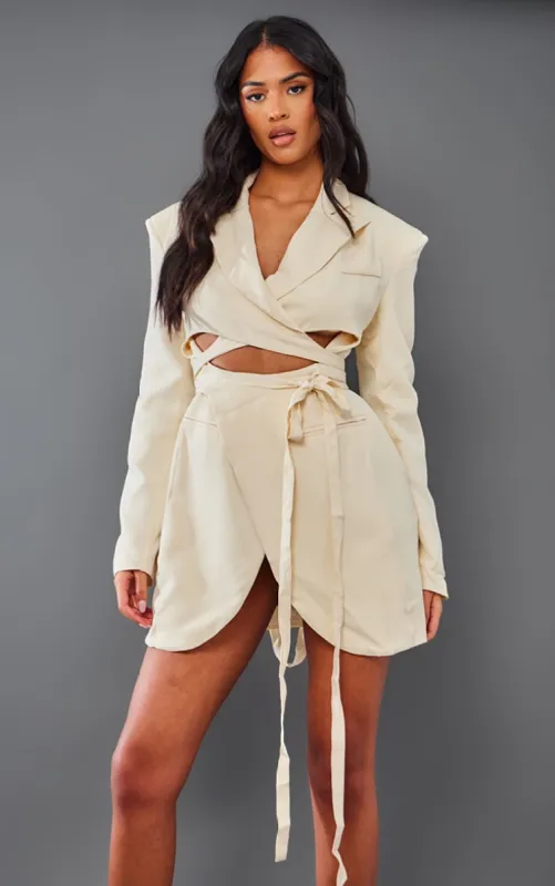 Tall Cream Wrap Around Blazer Dress sold by Pretty Little Thing