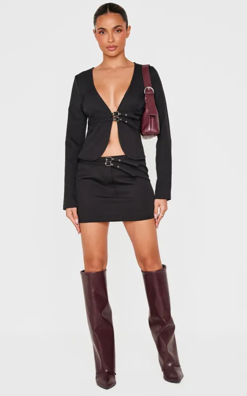 Black Woven Tailored Belt Detail Micro Mini Skirt sold by Pretty Little Thing