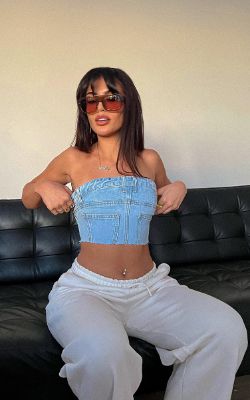 Light Blue Wash Jean Detail Cropped Bandeau Denim Top sold by Pretty Little Thing