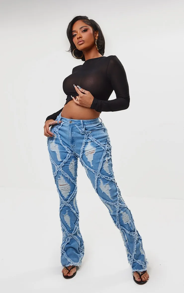 Shape Light Blue Wash Denim Seam Detail Flare Jeans sold by Pretty Little Thing