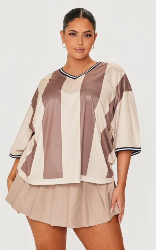 Plus Brown Striped V Neck Oversized Football T Shirt sold by Pretty Little Thing