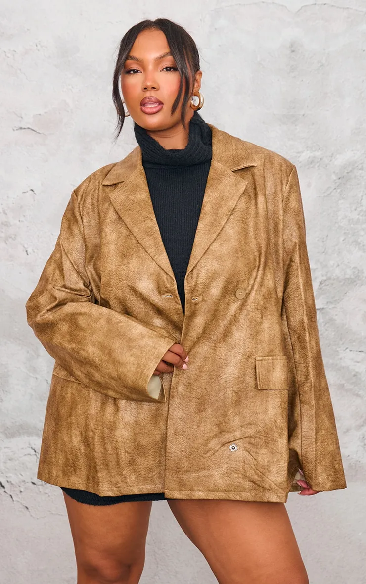 Plus Brown Distressed PU Oversized Shoulder Pad Blazer sold by Pretty Little Thing