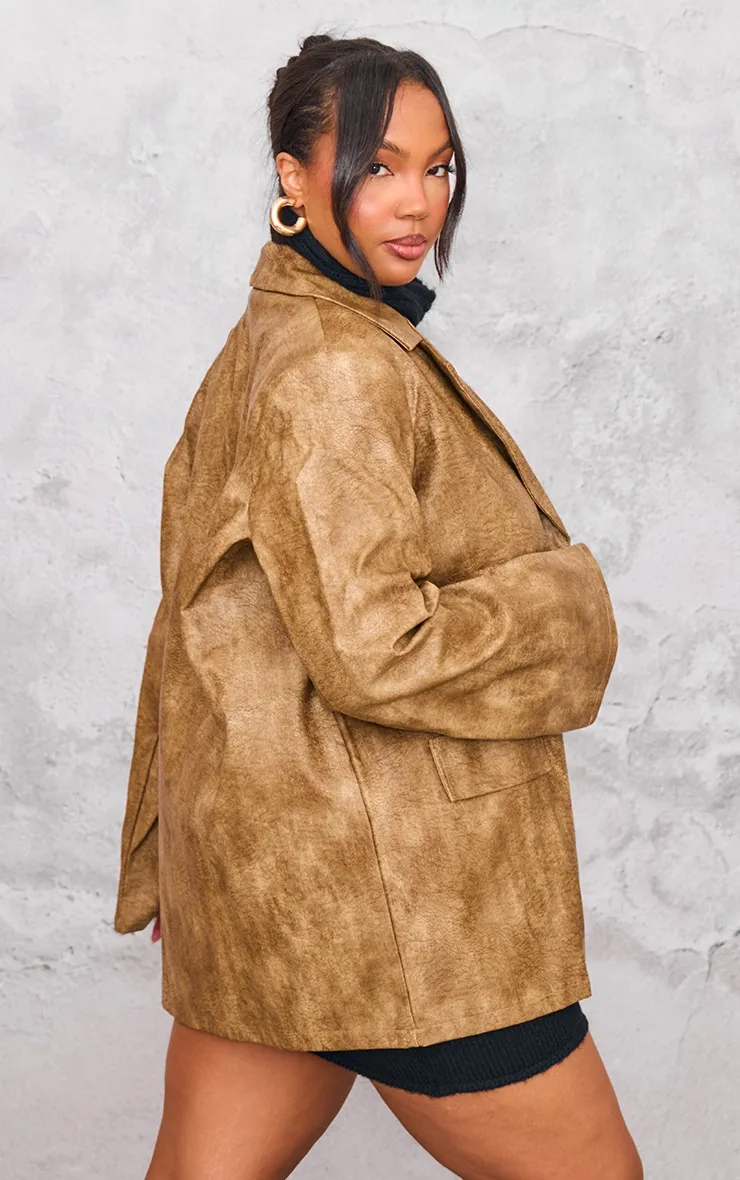 Plus Brown Distressed PU Oversized Shoulder Pad Blazer sold by Pretty Little Thing product image thumbnail 2